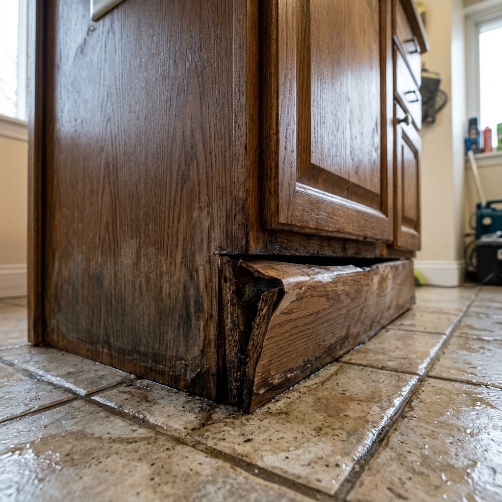 Sample site evidence showing damage at the kitchen cupboard base